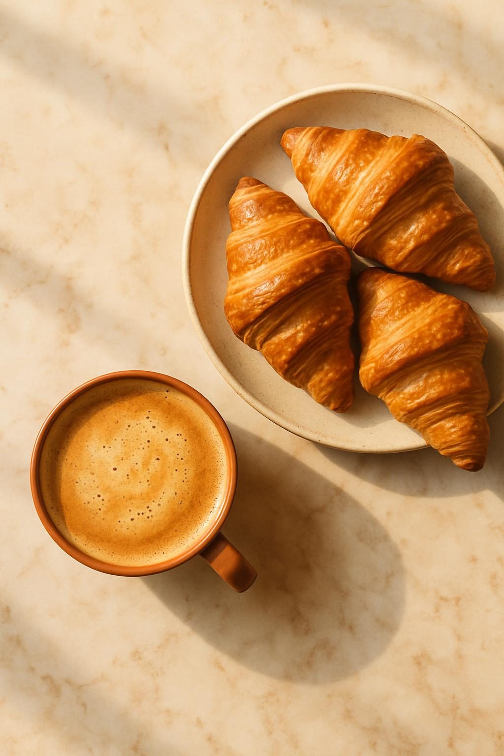 Overhead cappuccino beside a plate of butter croissants on pale marble